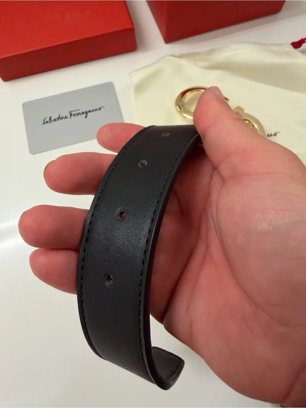 Salvatore Ferragamo Black Leather Belt with Gold Double Gancini Buckle